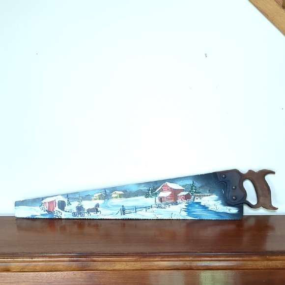 Vintage Hand Painted Wood Hand Saw Winter Wonderland Covered Red Barn Amish